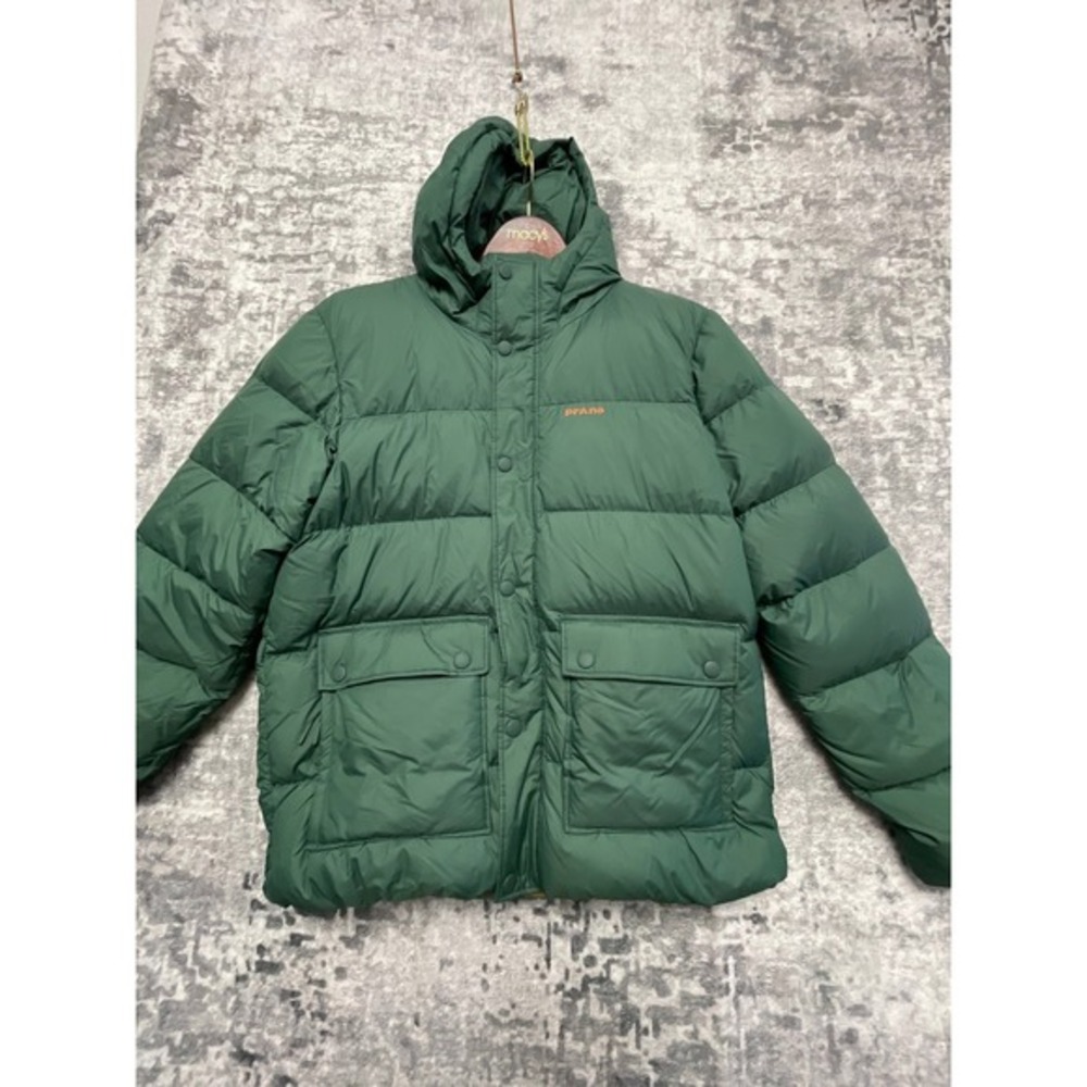 Prana Down Puffer Jacket Men's Med. Forest Green 650 Fill Recycled Nylon Hooded